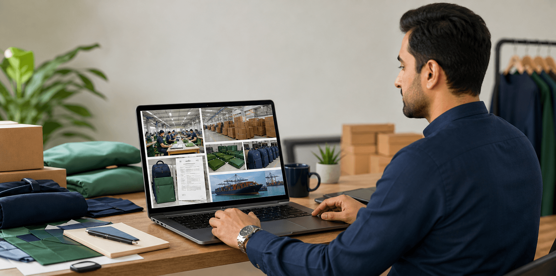 Pakistani importer reviewing factory-side product evidence on a laptop
